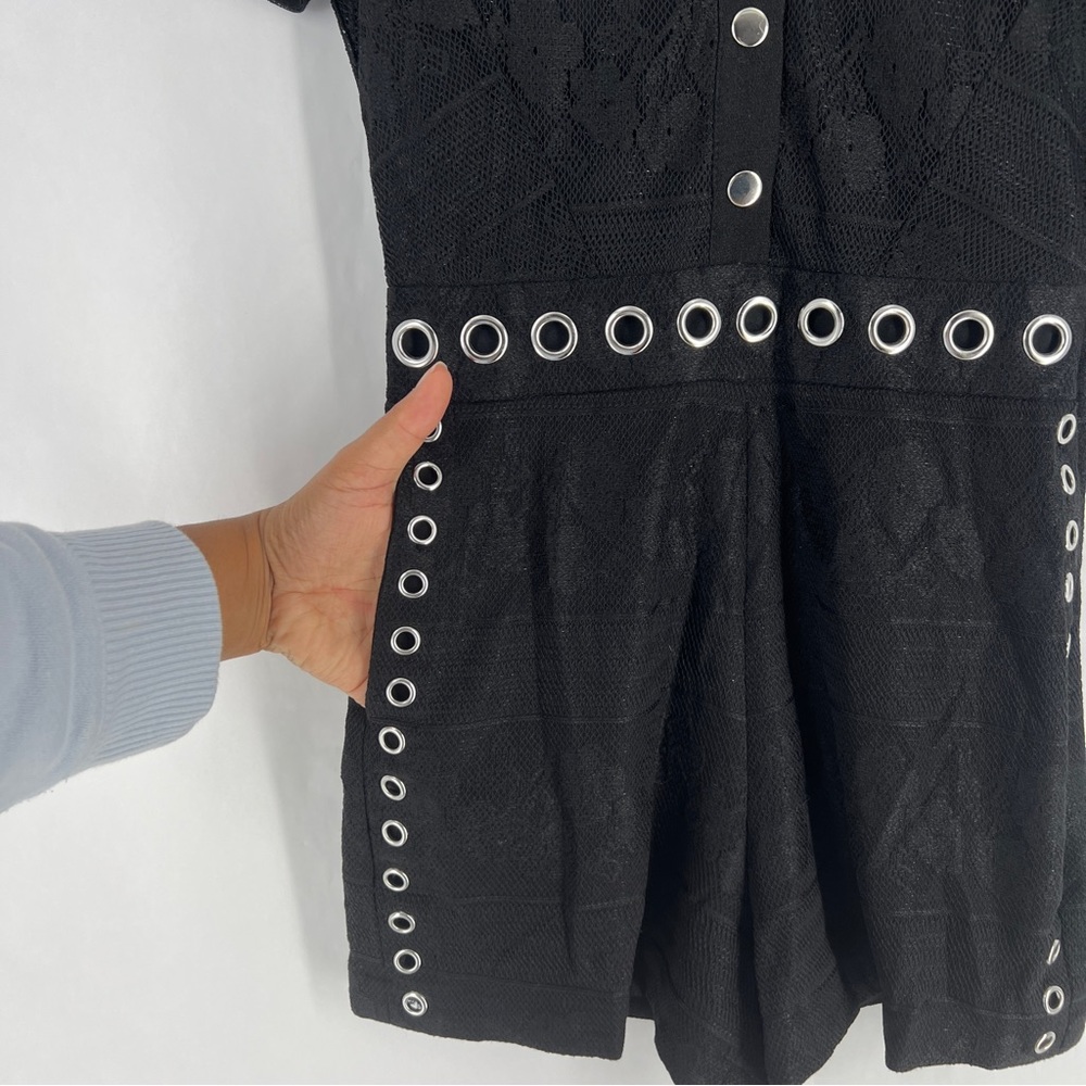 Maje Black Lace Silver Grommet Details Snap Front Collared Romper Size XS - Picture 6 of 16